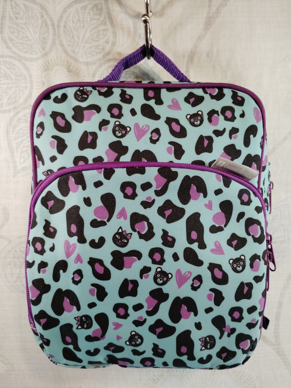 Kids Aqua, Purple & Black Leopard& Kitten Print Lunch Tote Bag with Handle